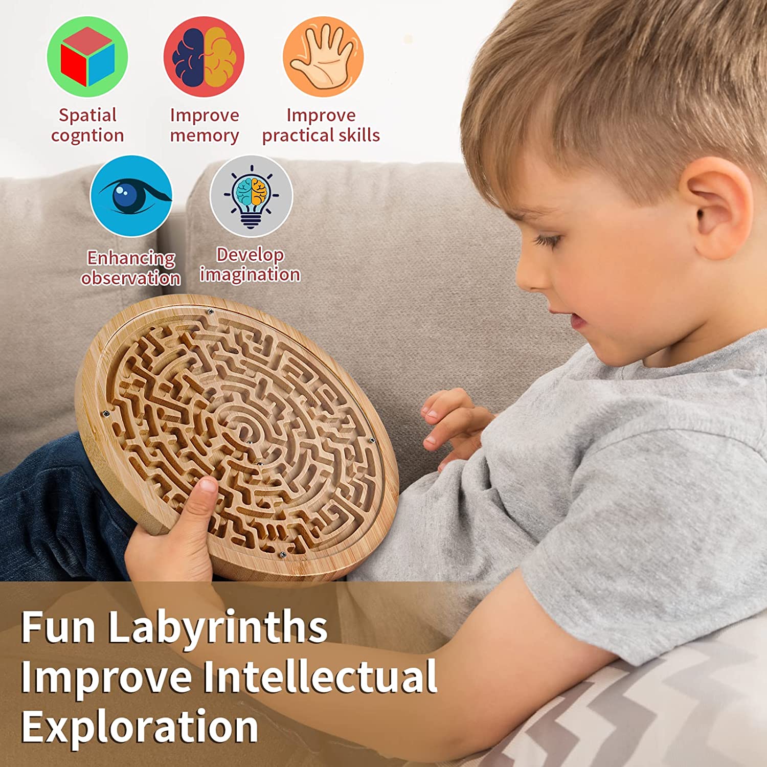 Round Wooden Labyrinth Game - Marble Maze for Education and Fun, Toddler Activity Board, Brain Teaser Puzzle Logic Game with Two Metal Balls for Kids, Adults, Teens, Boys, and Girls