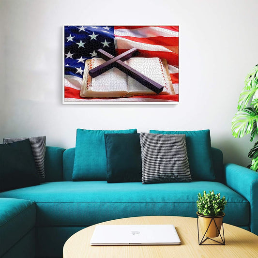 Wooden Jigsaw Puzzle 1000 Pcs American Flag and Bible Large Size 1000 Pieces of Wooden Puzzle,Unique Home Decorations and Gifts