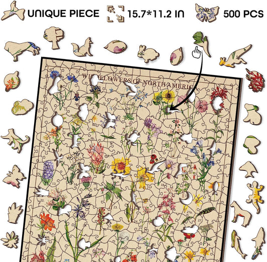 Wooden Vintage Wildflowers Puzzle 500 Pieces for Adult, Botany Plant Flower Puzzle of Wildflowers of North America, Floral Wooden Jigsaw Puzzles Nature as Plant Gifts, 15.7 * 11.2 in