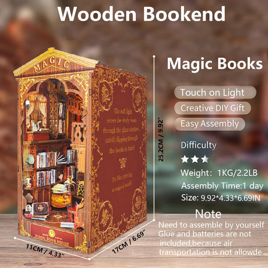DIY Book Nook Kit, DIY Dollhouse Bookshelf Insert Decor Alley,3D Wooden Puzzle with LED Lighting Book Nook Wood Bookend Model Building (Magic Book House)