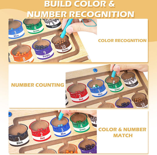 Magnetic Color and Number Maze - Educational Wooden Magnet Puzzle Game Board for Toddlers - Toddler Activities Counting Matching Games - Learning Fine Motor Skills for Preschoolers