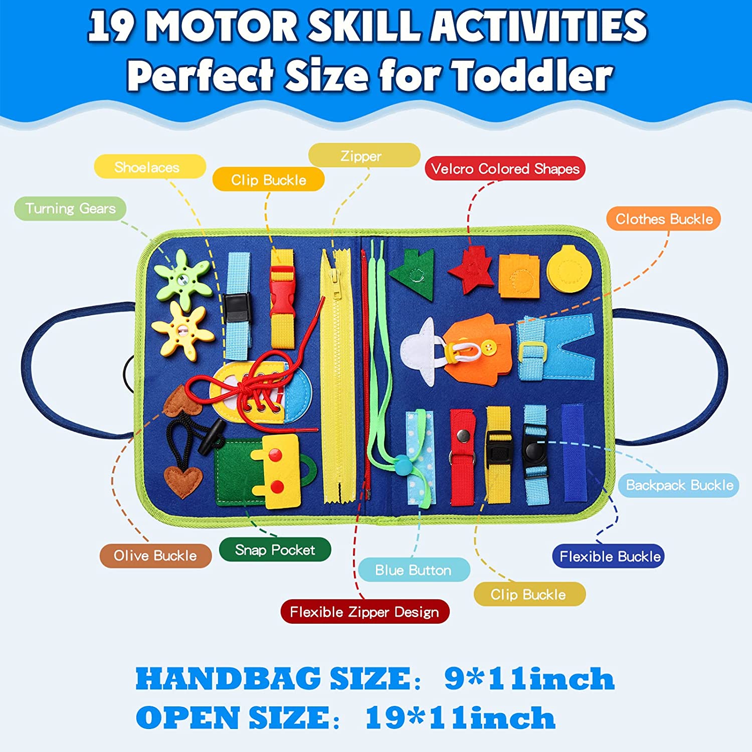 Busy Board Toy for 1 2 3 4 Year Old Toddlers - Educational Activity Developing Sensory Board for Fine Basic Dress Motor Skills - Travel Toys for Plane Car, Gift for Boys Girls