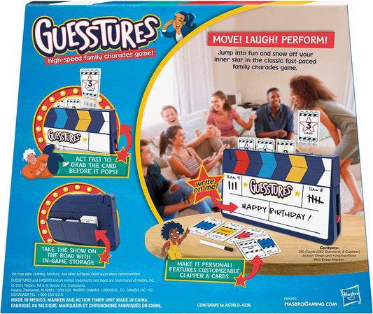 Guesstures Game, Charades Game for 4 or More Players, Includes Customizable Cards and Clapper, Family Party Game for Ages 8 and Up