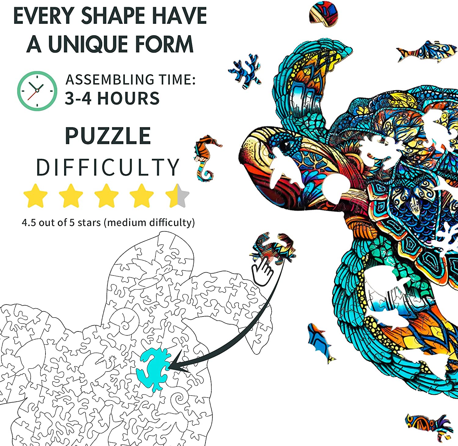 Wooden Puzzles Jigsaw, Sea Turtle Puzzle Gift for Adults and Kids, Unique Jigsaw Pieces, Fun Challenging Animal Puzzles Gifts Perfect Family Game, 9.4 x 8 Inches, 100 Pieces, Small Size