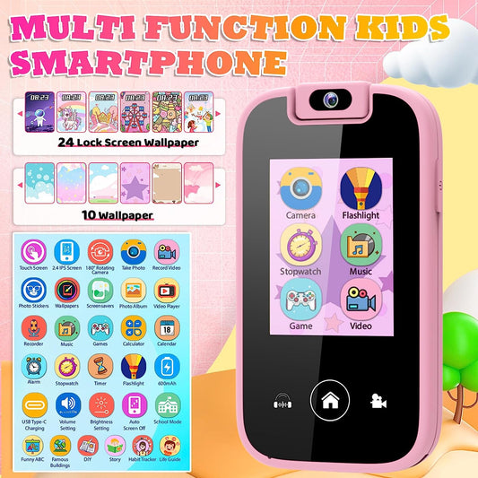 Kids Phone, Toddler 3 4 5 6 Years Old Intellectual Development Game Phone, Chris as Birthday Gifts for Boys Girls Ages 3-6, Kids MP3 Music Player with 180 ° Flip Camera SD Card - Pink