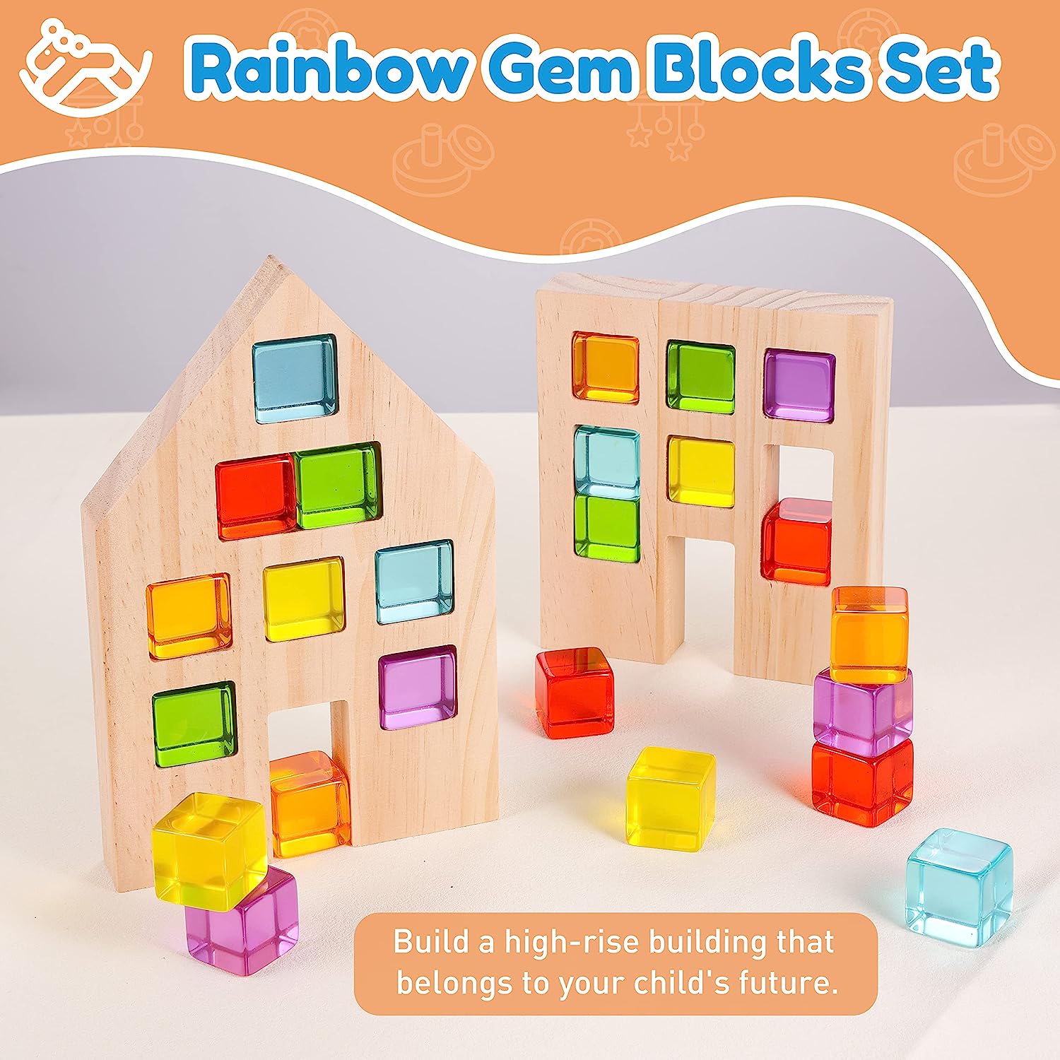 Wooden Building Blocks Set for Kids, 24 PCS Rainbow Gem Cubes Stacking Blocks - 2 Wood House, Stacking Toy for Toddlers, Educational Preschool STEM Birthday Gift for Boys Girls 3-6