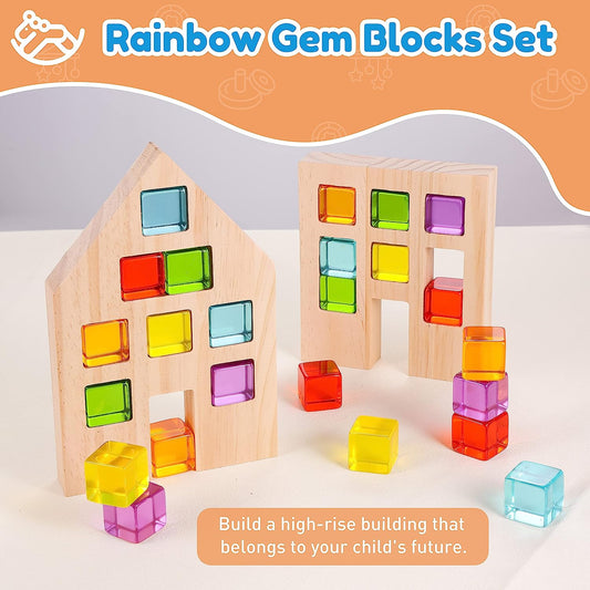 Wooden Building Blocks Set for Kids, 24 PCS Rainbow Gem Cubes Stacking Blocks - 2 Wood House, Stacking Toy for Toddlers, Educational Preschool STEM Birthday Gift for Boys Girls 3-6