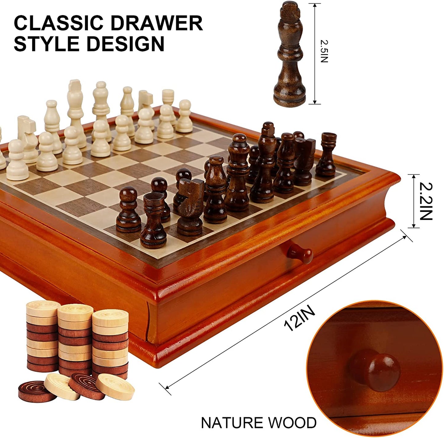 Wooden Chess & Checkers Set with Storage Drawer, 12 Inch Classic 2 in 1 Board Games for Kids and Adults, Travel Portable Chess Game Sets, 2 Extra Queen, Extra 24 Wooden Checkers Pieces