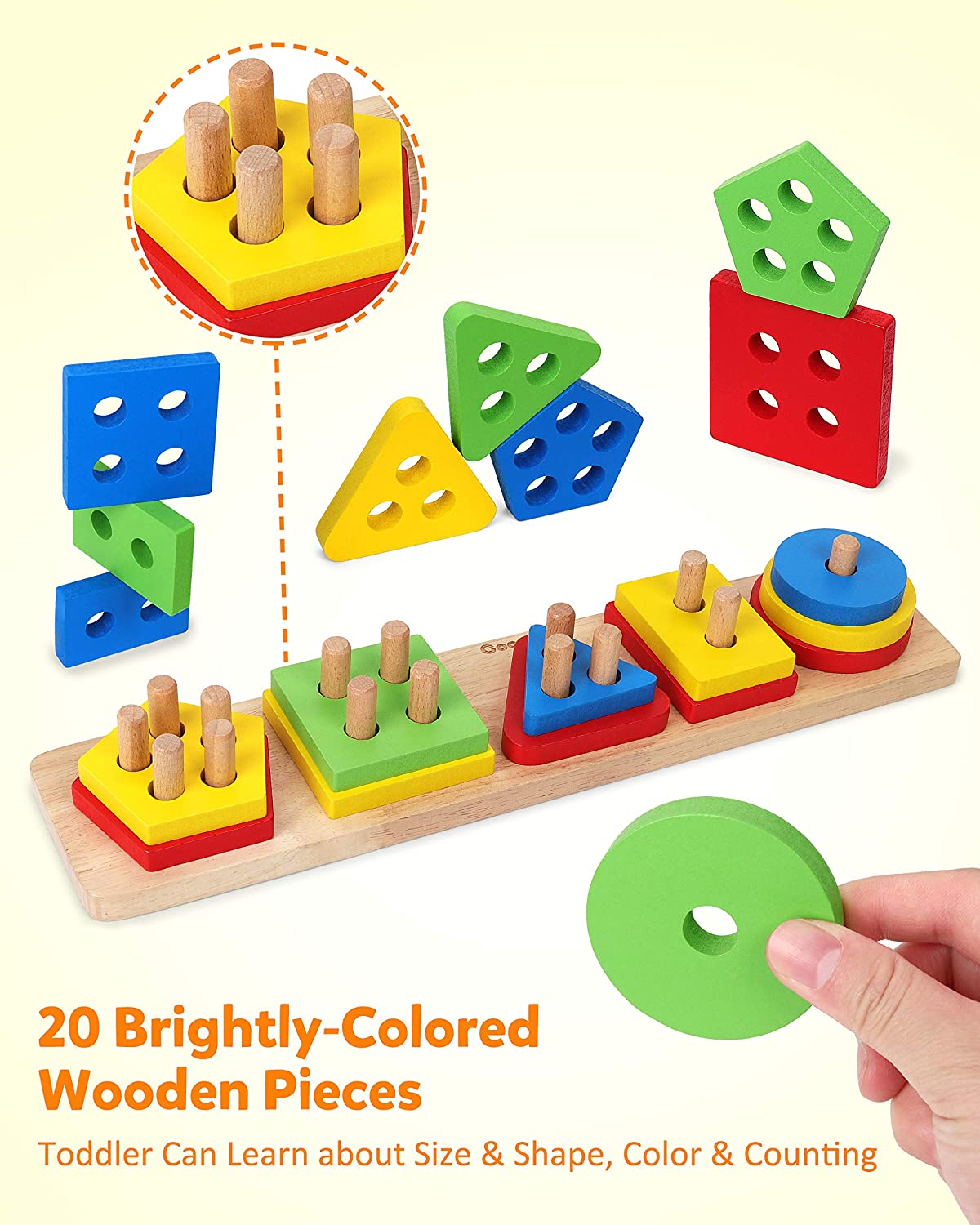 Wooden Sorting Stacking Toys, Shape Color Recognition Blocks Matching Puzzle Stacker Geometric Board Early Educational Puzzles for Years Old Boys and Girls