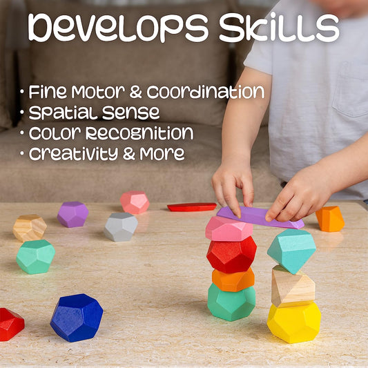 40 Pcs Wooden Stacking Rocks - Choke-Free - Toys for 1+ year old - Sensory Toys for Toddlers 1-3 - Educational & Preschool Toys - Learning + Education for 1 2 3 4 5 6 - Stone Building Toys