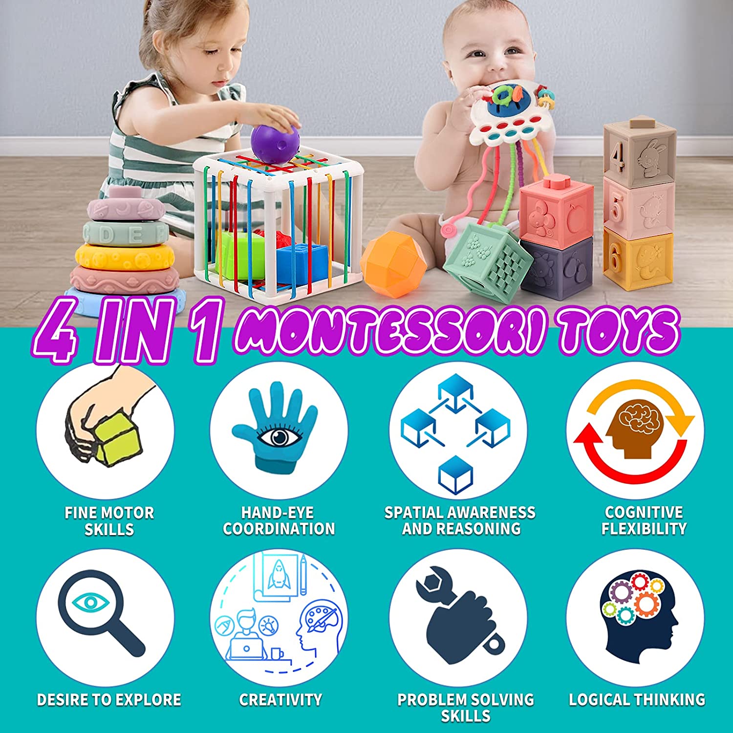4 in 1 Baby Toys 6to12-18 Months, Pull String Baby Teething Toys, Stacking Building Blocks Infant Toys 3-6-9-12 M+, Color Shape Bin Sensory Toys, Toys for 1-3 Year Old Boy and Girl Gift