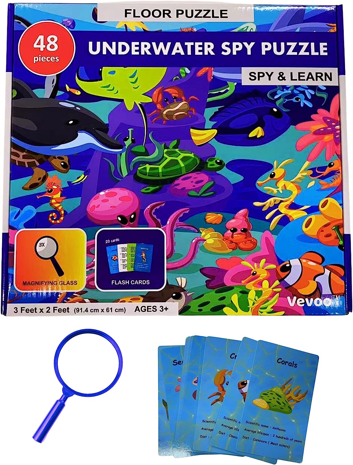 Underwater Spy Puzzle with Flashcards and Magnifying Glass 2ft x 3ft - Large 48 Piece Floor Puzzle for Kids Ages 4-8 Years Old- Kids Puzzles - Educational Gift for Boys and Girls 3,4,5,6,7,8