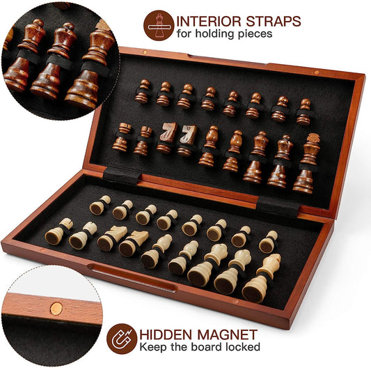 Chess Set 15" Wooden Board Game - Wood Sets with 2 Storage Bags and 2 Extra Queens - Gifts Box for Men Dad