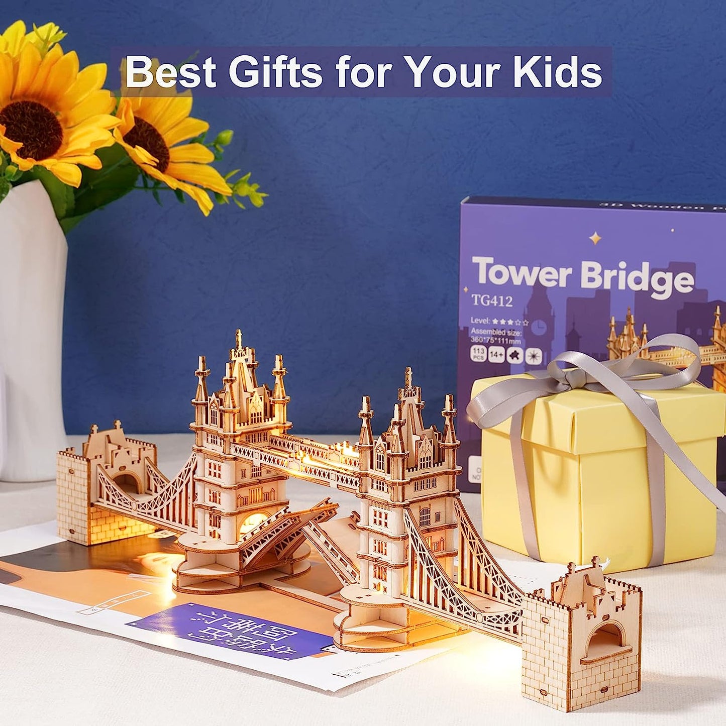 3D Puzzles for Adults,Wooden Model Kits for Adults to Build,Birthday London Tower Bridge with LED