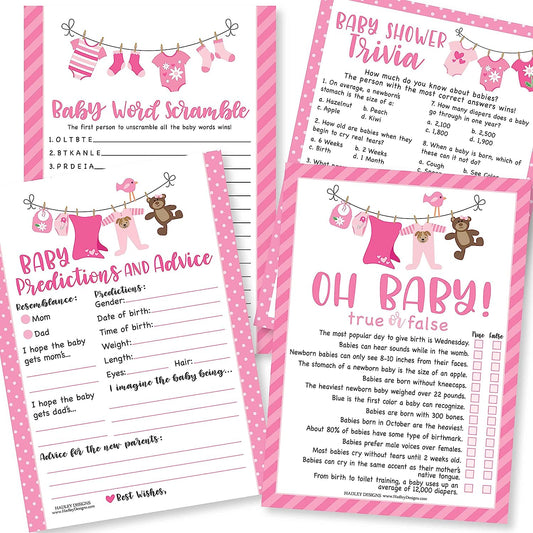 50 Pink Baby Shower Games For Girls - 4 Games Double Sided, Baby Prediction And Advice Cards, Baby Trivia, True Or False Baby Shower Game, Baby Word Scramble Baby Shower Game To Play