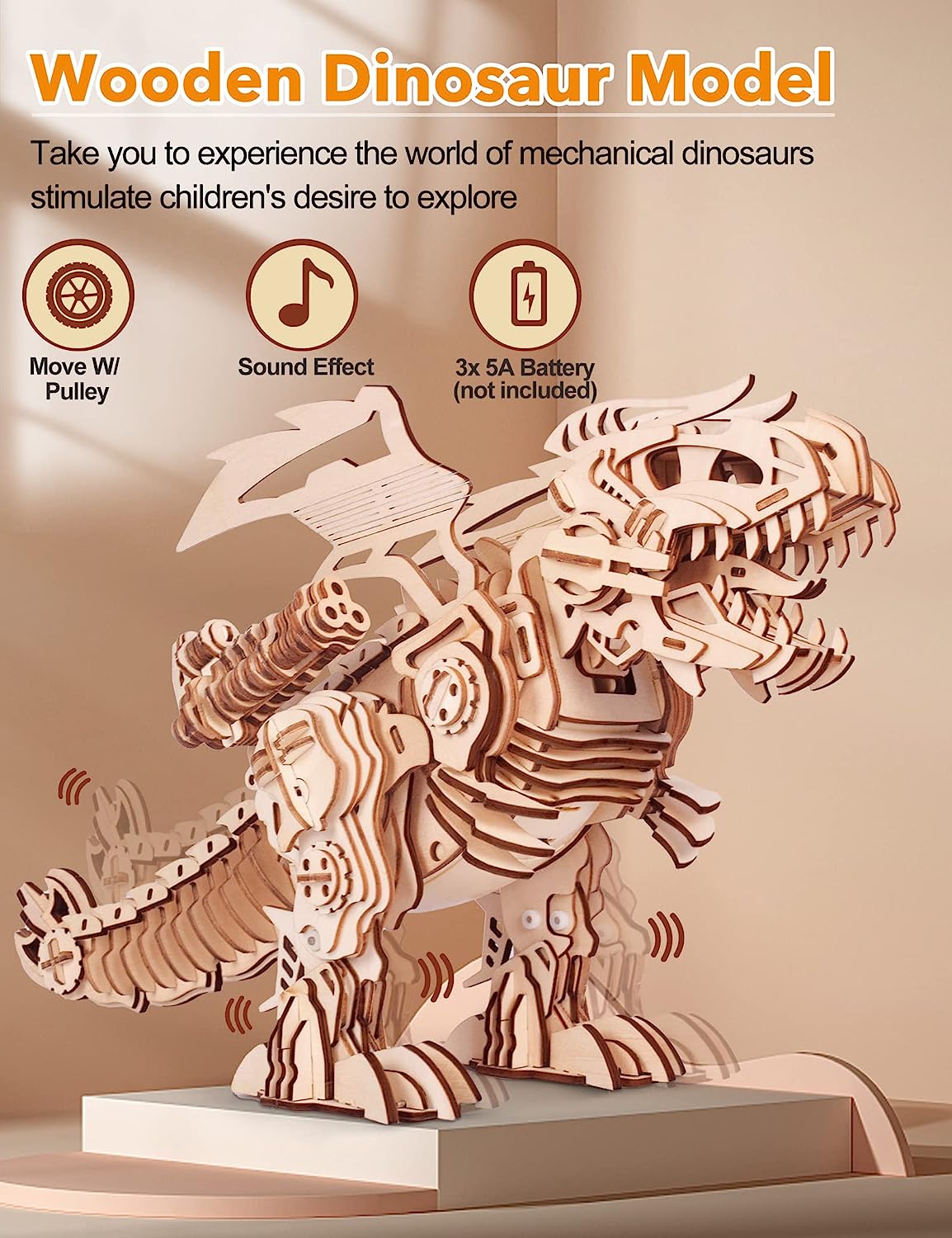 3D Wooden Puzzles Electric T-Rex Dinosaur Toys Walking w/Realistic Roaring Sound 366pcs Wood Model Kit Wooden Mechanical Toy Hobby Gift for Him, Men, Boys, Teens, and Adults Home Décor Craft