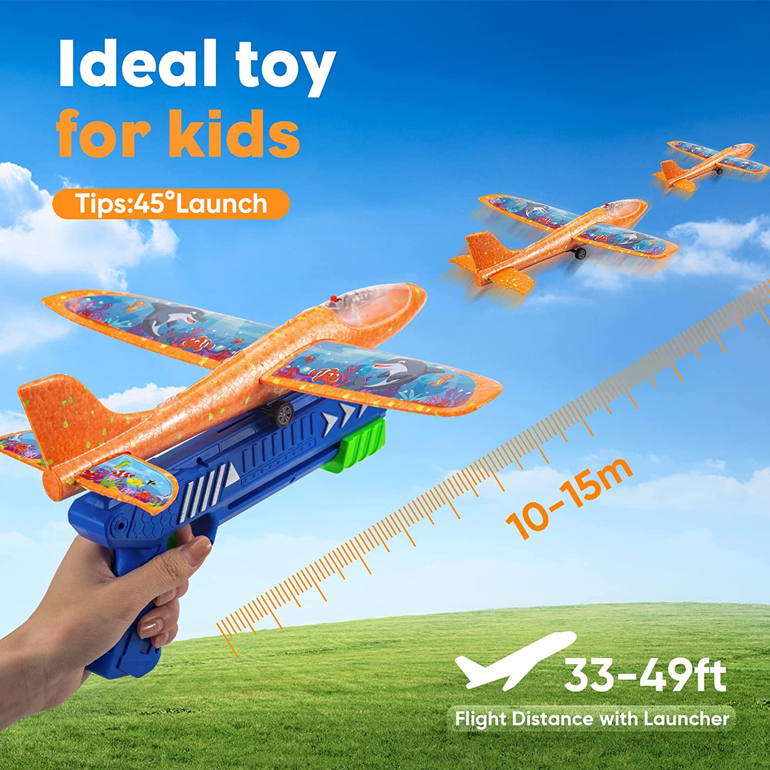 Kids Toys Gifts for 4 5 6 7 8 9 10 11 12 + Year Old Boys Girls Cool Birthday Outdoor Educational Airplane Launcher Toy 3 Pack Led Light Foam Glider Planes Airplanes with 3 Sets of Themed DIY Stickers