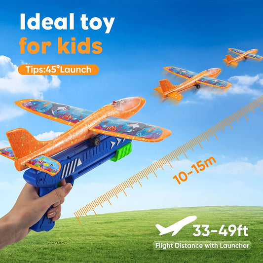 Kids Toys Gifts for 4 5 6 7 8 9 10 11 12 + Year Old Boys Girls Cool Birthday Outdoor Educational Airplane Launcher Toy 3 Pack Led Light Foam Glider Planes Airplanes with 3 Sets of Themed DIY Stickers