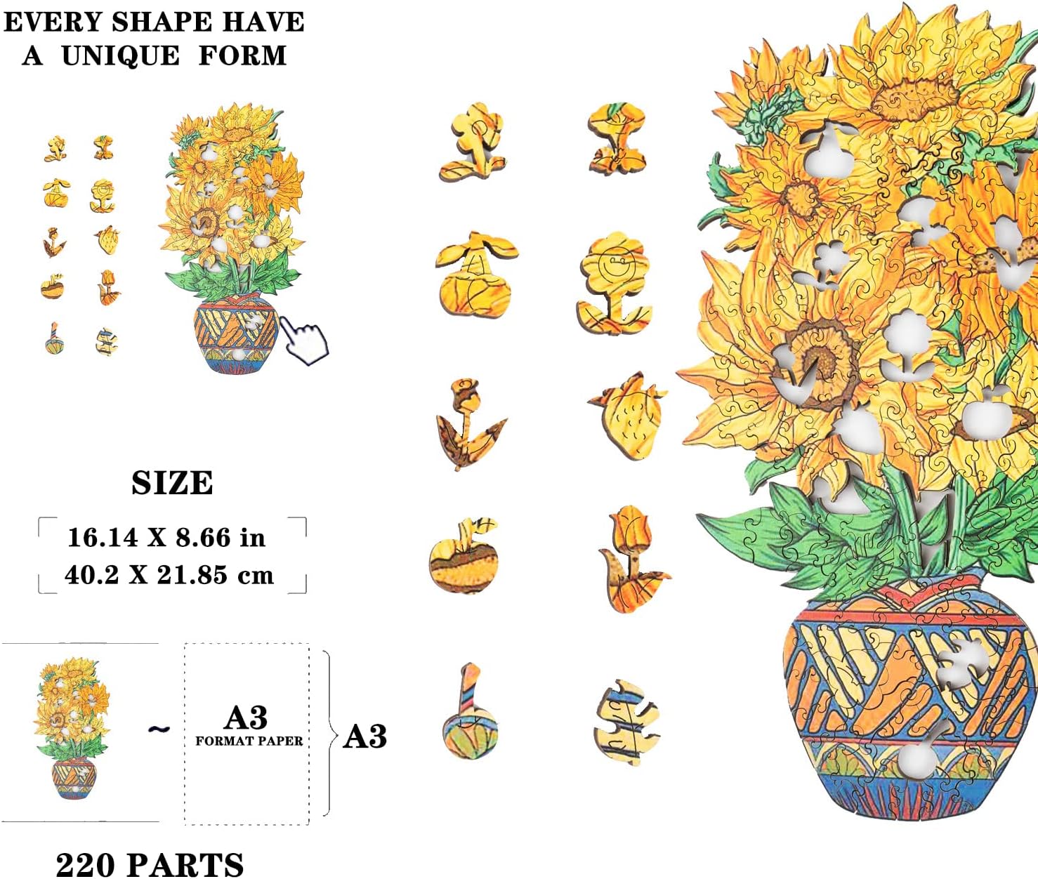 Wooden Puzzles for Adults, Sunflowers Wooden Jigsaw Puzzles,220 Pcs Unique Shaped Wooden Puzzles,Magic Wooden Puzzles, Best Gift for Adults and Kids, Family Game Play Collection, 16.14" X 8.66"