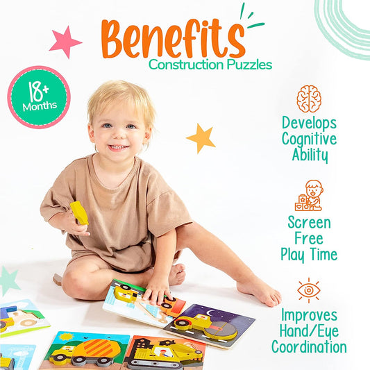 6 PK Construction Wooden Toddler Puzzles Ages 2-4 | Wooden Puzzles for Toddlers 1-3 | Toys for 2 Year Old | Learning Toys for 2+ Year Olds | Educational Toys for 2 Year Old | STEM