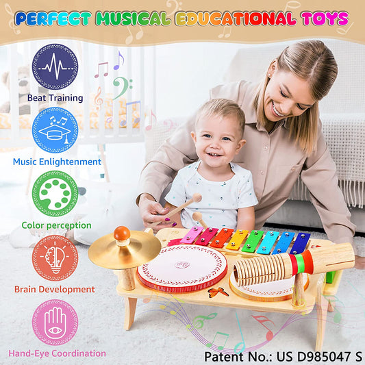 Kids Drum Set for Toddlers Baby Music Instruments 7 in 1 Preschool Musical Toys Children Drum kit Xylophone Tambourine Birthday Gifts for Boys and Girls