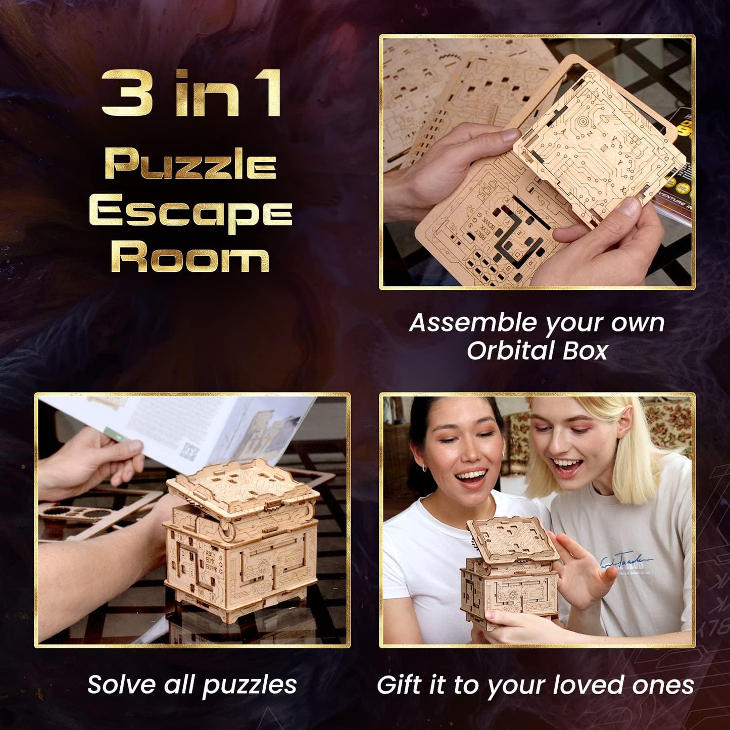 Orbital Box 3D Puzzle for Adults - 3-in-1 Wooden Puzzle Box - Escape Room in a Box - Gift Box Puzzle Game - Model Kit Gift Idea - Brain Teaser Puzzle - Wooden Puzzle for Adults - Brain Teaser