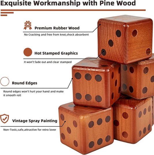 Giant Wooden Yard Dice Set - Large Pine Wooden Dice Lawn Game Set with Scoreboard Outdoor Beach Backyard Game Set for Kids Adults Family (Including Carry Bag)
