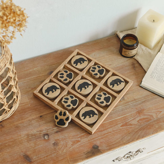 Cabin Tic Tac Toe Wood Game Rustic Coffee Table Decor Cute Bear Paw Decorative Wooden Board Travel Game for Kids Family