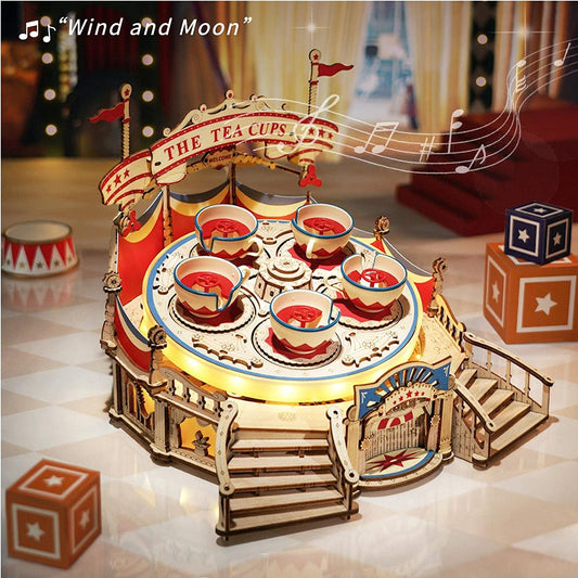 3D Puzzles for Adults Model Kit, DIY Wooden Music Box Building Kit with LED Lights for Teens Adults Birthday Gift (Tilt-A-Whirl 280pcs)