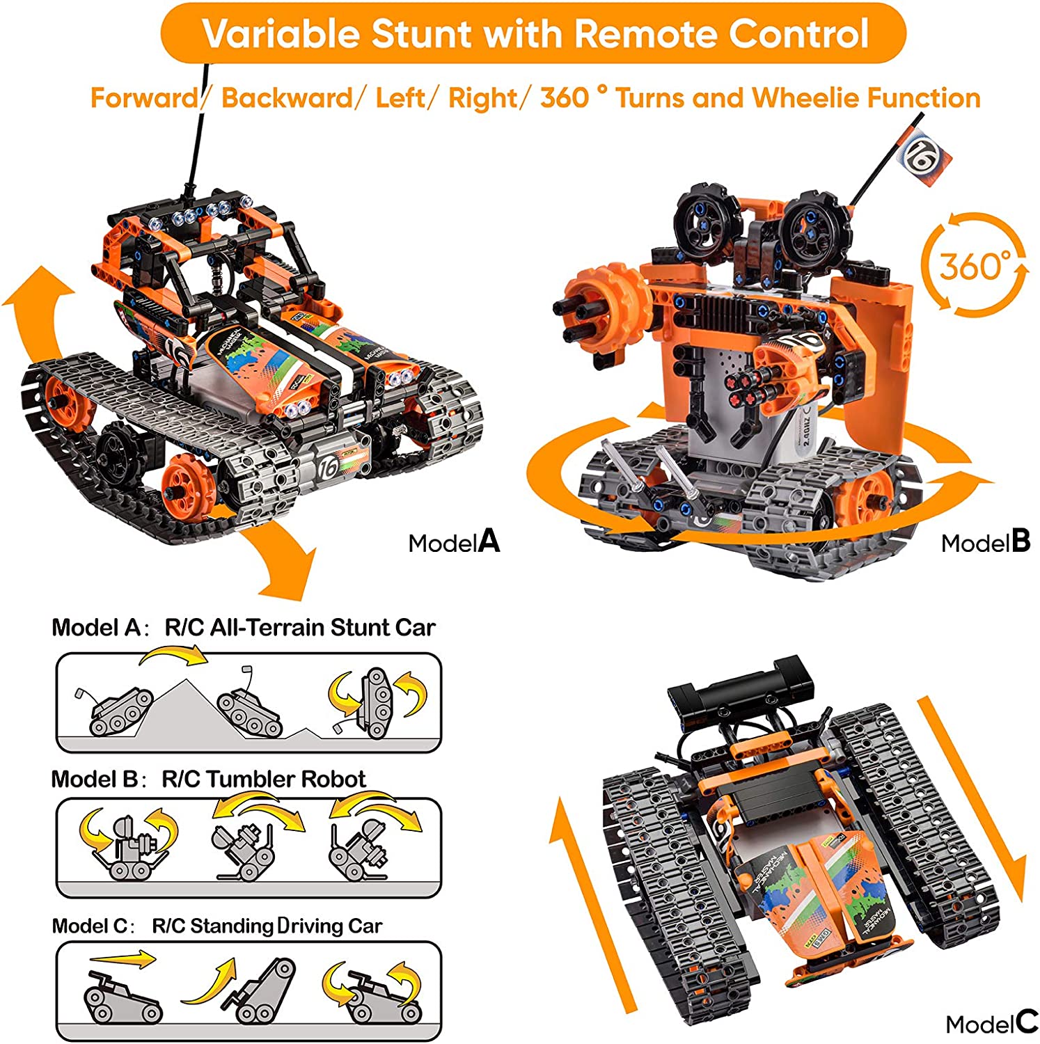 Remote Control STEM Building Kit for Boys 8-12, 392 Pcs Science Learning Educational Building Blocks for Kids, 3 in 1 Tracked Racer RC Car/Tank/Robot Toys Gift Sets for Boys Girls