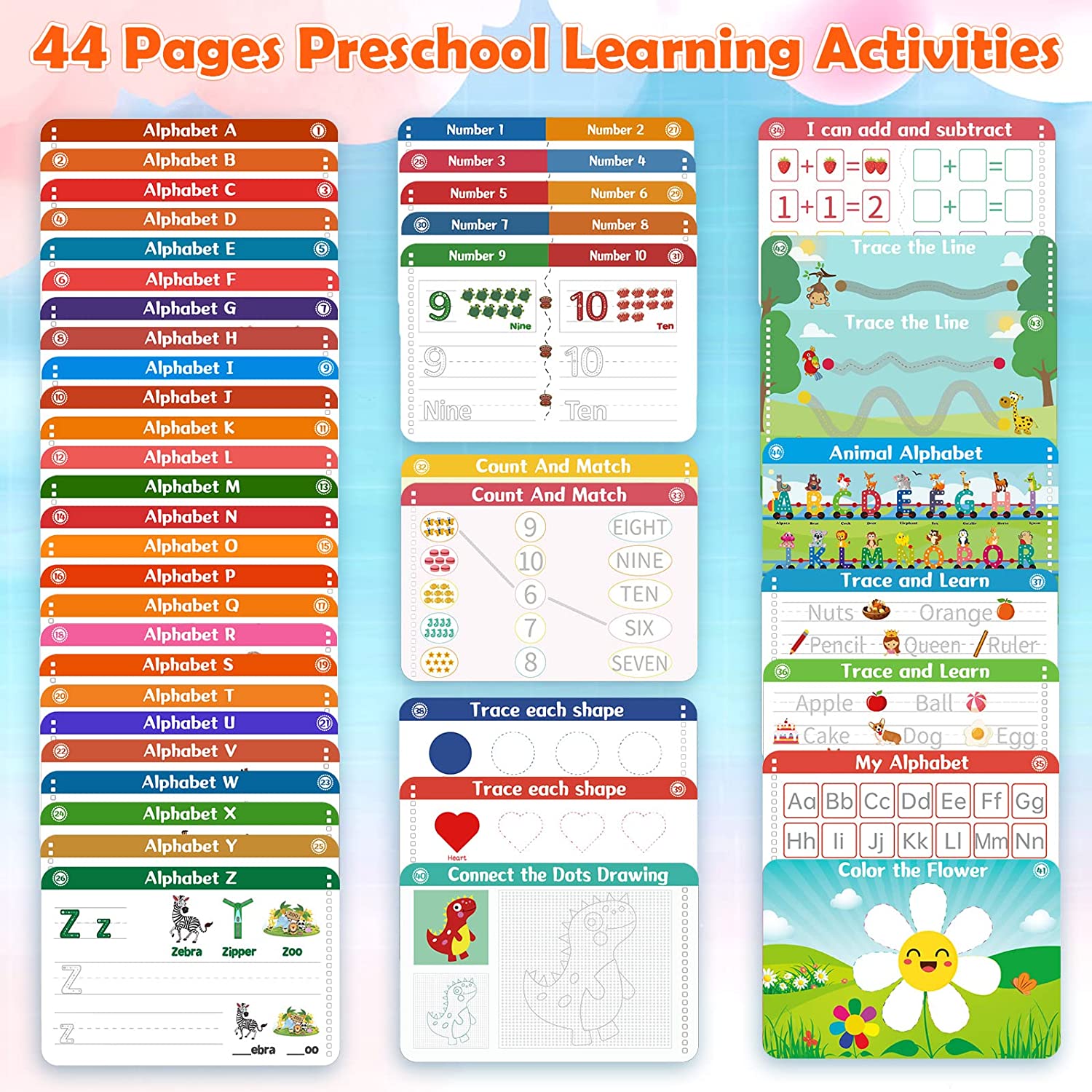 Preschool Learning Activities Tracing Books for Kids Age 3-5,44 Pages Toddlers Handwriting Practice Book,Number Letter Tracing Books Learn Shapes Workbook Autism Educational Toy