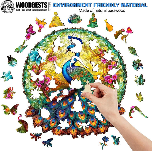 Wooden Jigsaw Puzzle for Adults, Mandala Peacock Puzzle (S, 100pcs, 9.8"x9.2") Beautiful Wooden Box, Puzzle Wood Unique Shape, Birthday Gifts for Adults and Kids Family Game