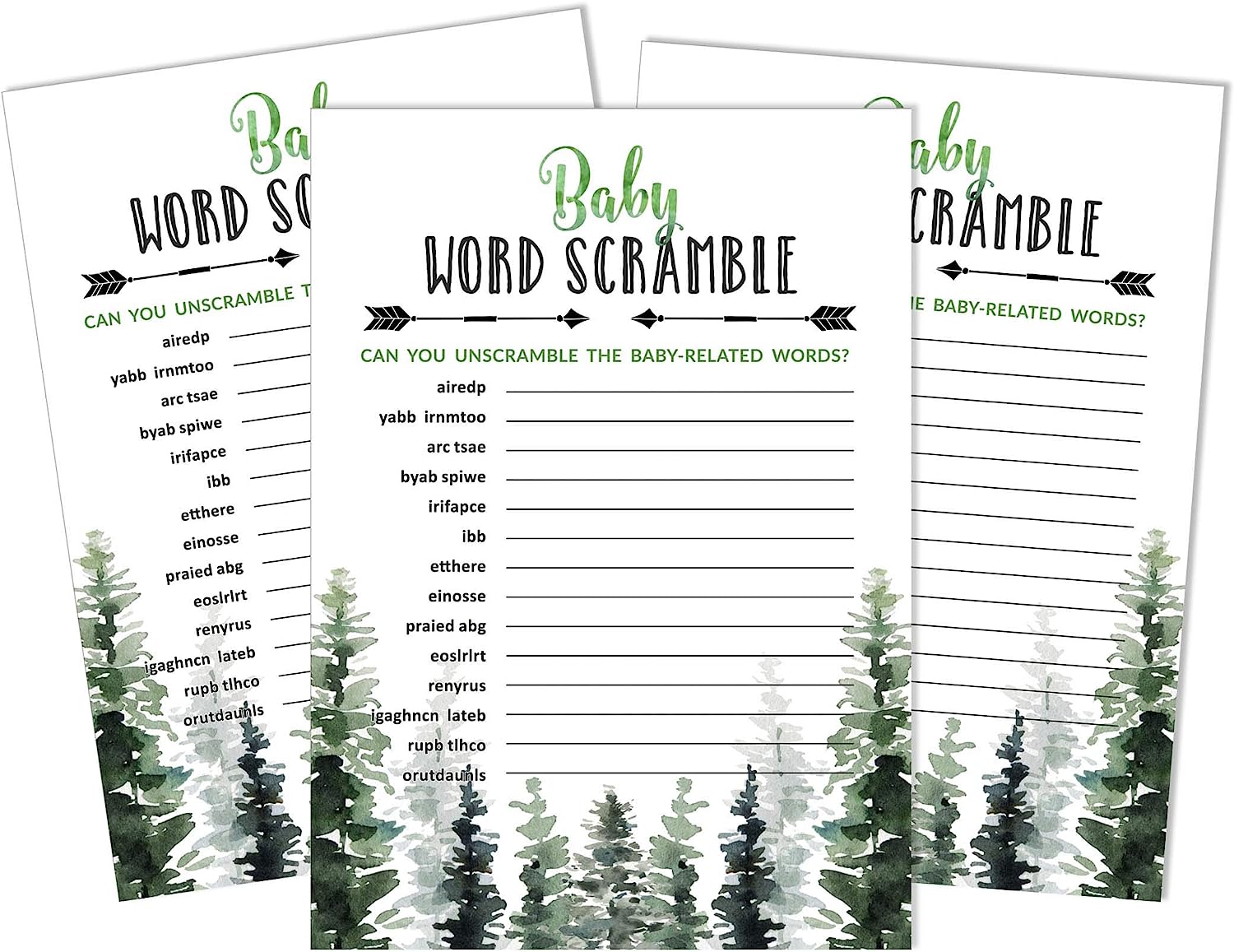50-Pack Baby Word Scramble Baby Shower Game Cards Greatest Adventure Greenery Party Supplies-Fun Baby Shower Game Favors