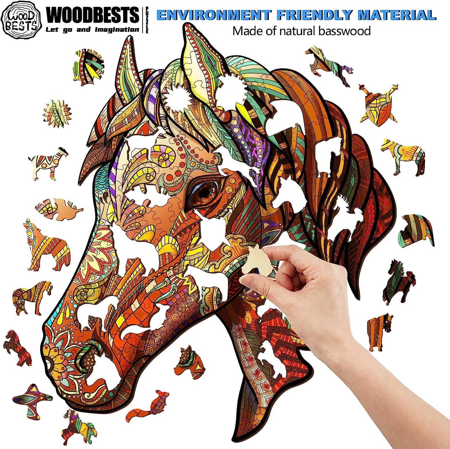 Wooden Puzzle for Adults, Horse Puzzle (L, 300pcs, 16.5"x14") Beautiful Wooden Box, Wooden Jigsaw Puzzles Unique Shape, Birthday Gifts for Adults and Kids Family Game