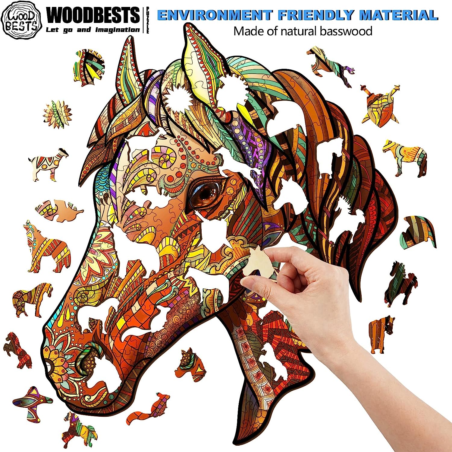 Wooden Puzzle for Adults, Horse Puzzle (L, 300pcs, 16.5"x14") Beautiful Wooden Box, Wooden Jigsaw Puzzles Unique Shape, Birthday Gifts for Adults and Kids Family Game