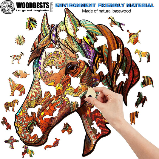 Wooden Puzzle for Adults, Horse Puzzle (L, 300pcs, 16.5"x14") Beautiful Wooden Box, Wooden Jigsaw Puzzles Unique Shape, Birthday Gifts for Adults and Kids Family Game