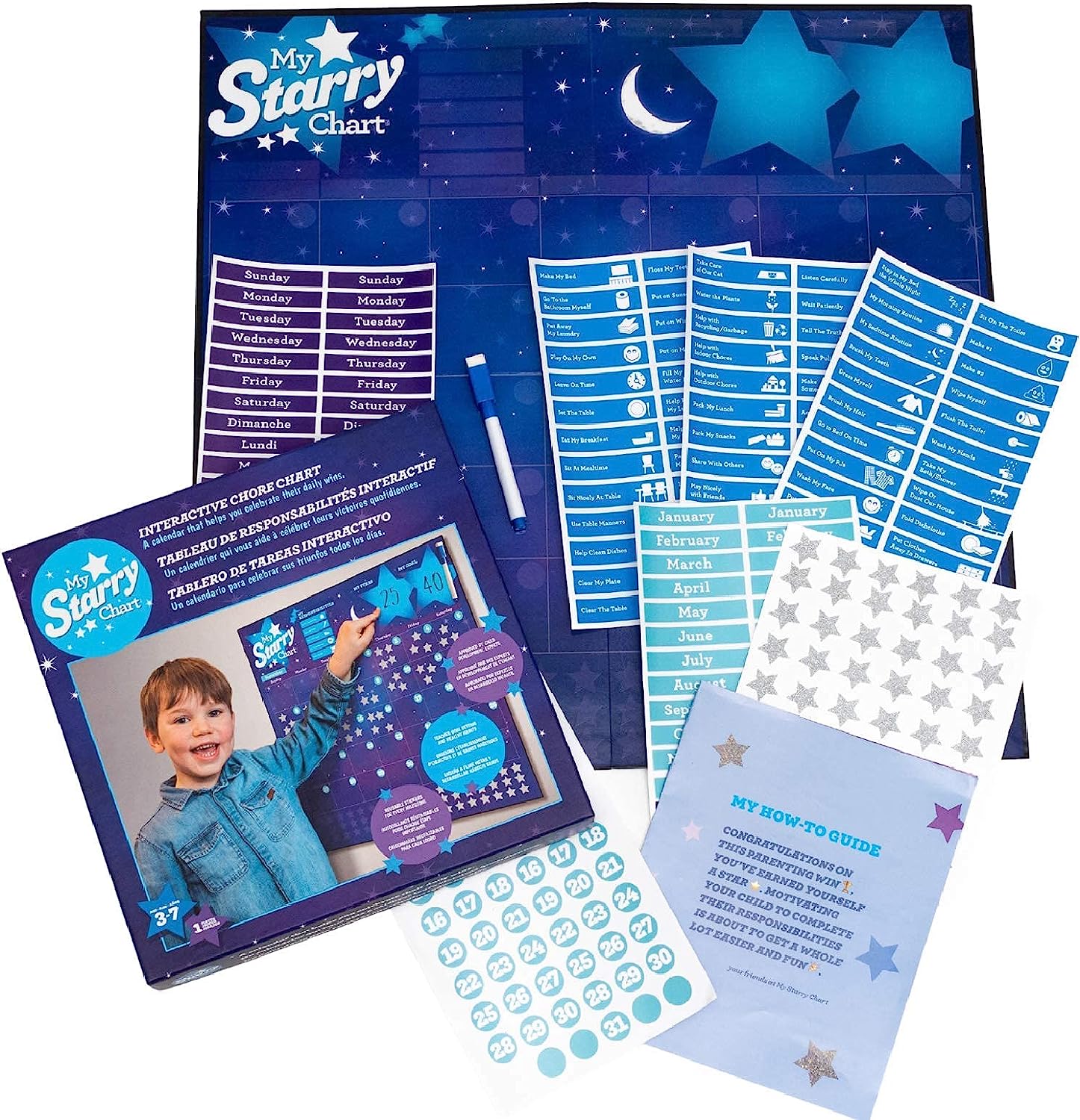 Interactive Chore Chart 3-in-1 Kid's and Pre-Schooler Calendar and Educational Skill-Building Game with Reusable Sparkly Stickers, Great for Homeschooling, Dry-erasable