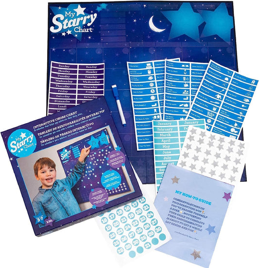 Interactive Chore Chart 3-in-1 Kid's and Pre-Schooler Calendar and Educational Skill-Building Game with Reusable Sparkly Stickers, Great for Homeschooling, Dry-erasable