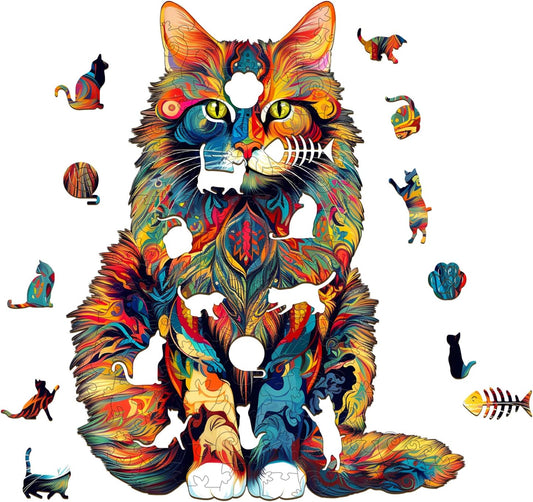 Wooden Puzzles-Wooden Puzzle Adults Unique Shape Advanced Maine Cat Wooden Jigsaw Puzzle for Adult,Wood Cut Puzzle,Family Puzzles 11.7 * 9.4in 190pcs