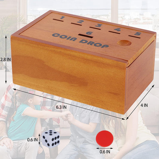 Coin Drop Set, Pennies Dice Games for Kids and Adults, Wooden Tabletop Board Game Sets for 2-6 Player, Wood Penny Game Box Includes 48 Chips & 1 Dice, Interactive Families Toys