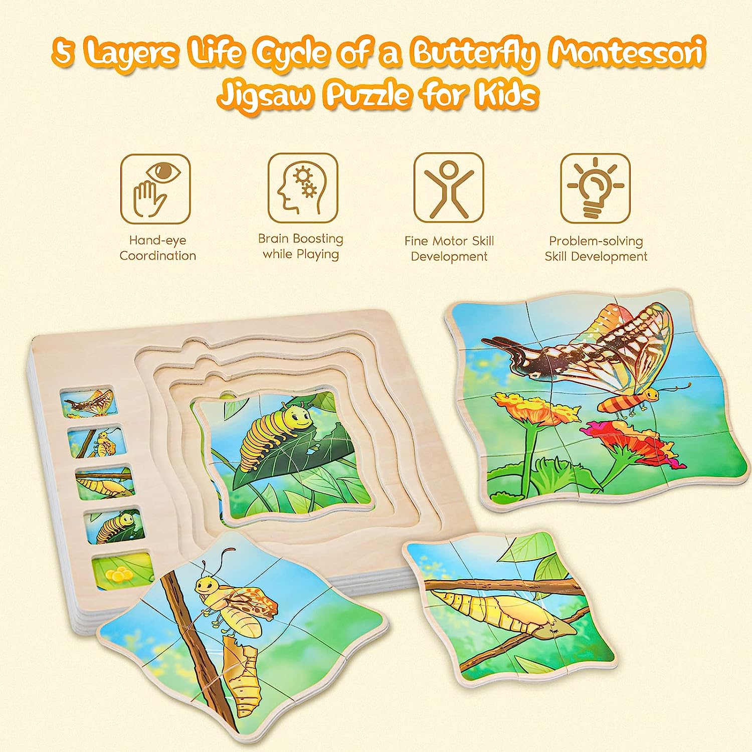 Wooden Puzzles for Kids Ages 4-8, 5 Layers Life Cycle of a Butterfly Jigsaw Puzzle for Kids, Children Preschool Learning Educational Puzzles Toys for Boys and Girls