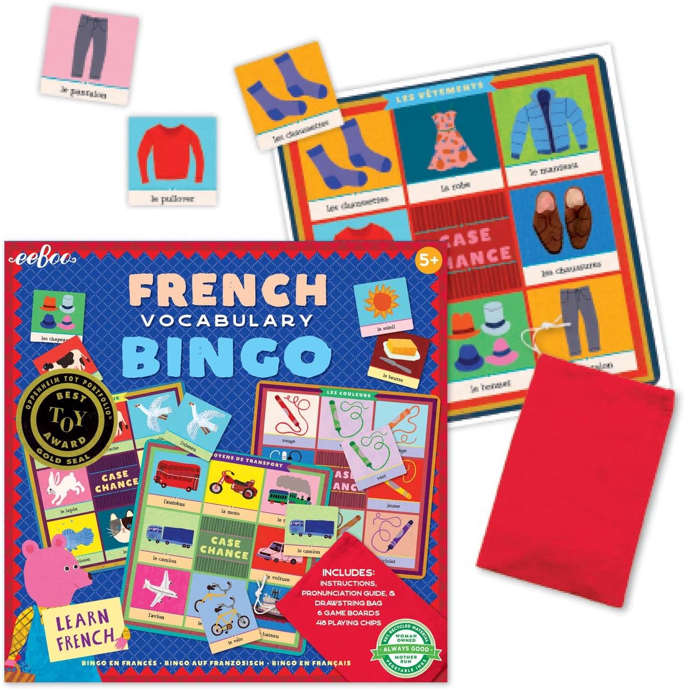 French Bingo Vocabulary Game, Includes- Pronunciation Guide & Drawsting Bag, 6 Game Boards, 48 Playing Chips, 2 to 6 Players, For Ages 5 and up