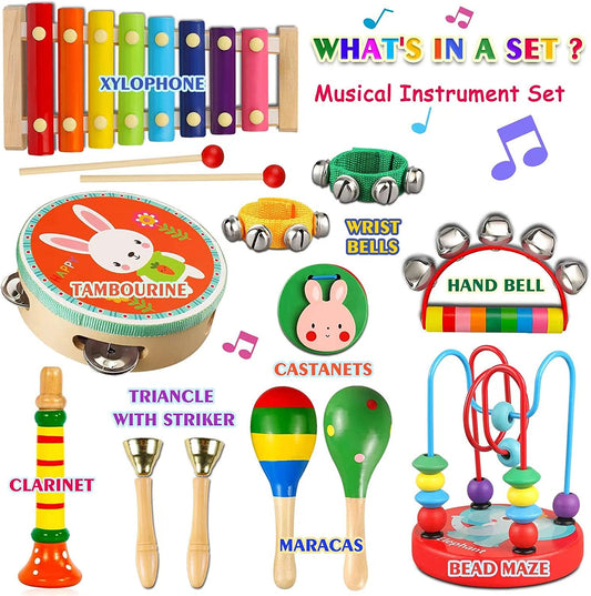 Toddler Musical Instruments Toys, Wooden Percussion Instruments Set for Kids Baby with Xylophone, Preschool Educational Musical Toys for Boys and Girls with Storage Bag(12pcs)