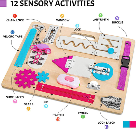 Busy Board for Toddlers, Wooden Sensory Toys, Preschool Learning Activities for Fine Motor Skills Travel Toy, Basic Life Skills Educational Gifts for 1 2 3 4 Years Old Kids Boys Girls(Pink)