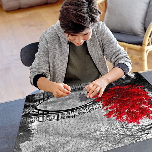 Adult Puzzle Classic Jigsaw Puzzle 1000 Pieces Wooden Puzzle DIY Black and White Bridge and Red Tree Modern Home Decor Intellectual Game Wall Art Unique Gift 75x50cm