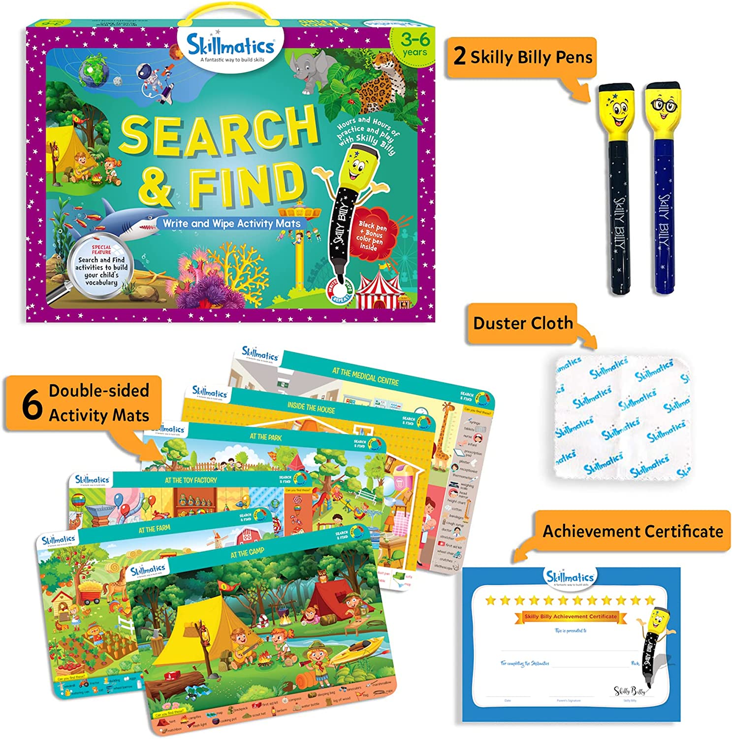 Search and Find Educational Game - Reusable Activity Mats with 2 Dry Erase Markers, Fun Learning, Gifts for Ages 3 to 6