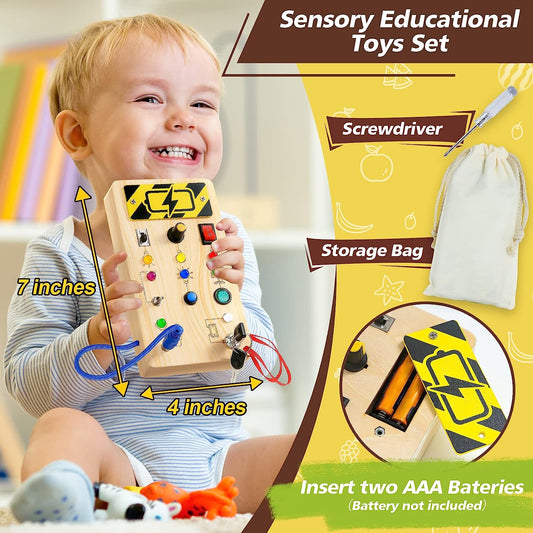 Busy Board with 8 LED Light, Toys for Toddlers 1 2 3 Year Old, Sensory Toys with Light Switches for Ages 1-3 Kids Boys Girls, Wooden Busy Board for Educational Activities, Ideal Travel Toys