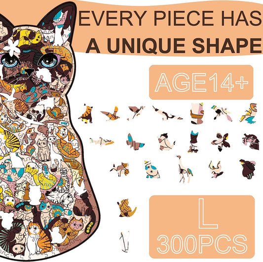 Wooden Puzzle for Adults, Cat Jigsaw Puzzle Advanced Animal Wood Cut Puzzle Gift Package for Family and Friends (Many Cat, Large)