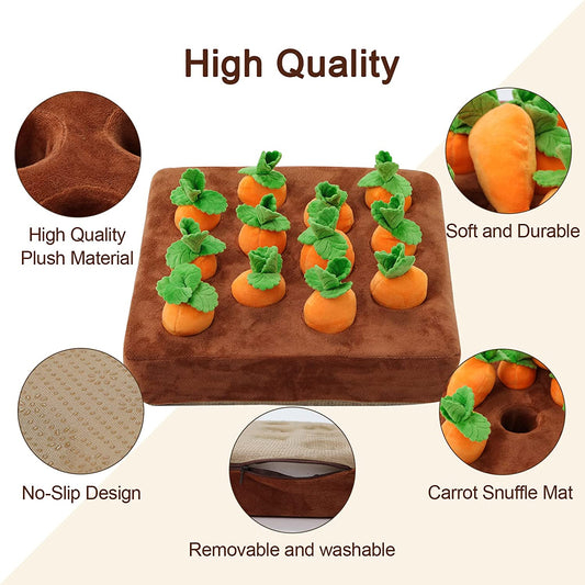 Interactive Dog Toys，Carrot Snuffle Mat for Dogs Plush Puzzle Toys 2 in 1 Non-Slip Nosework Feed Games Pet Stress Relief with 12 Carrots