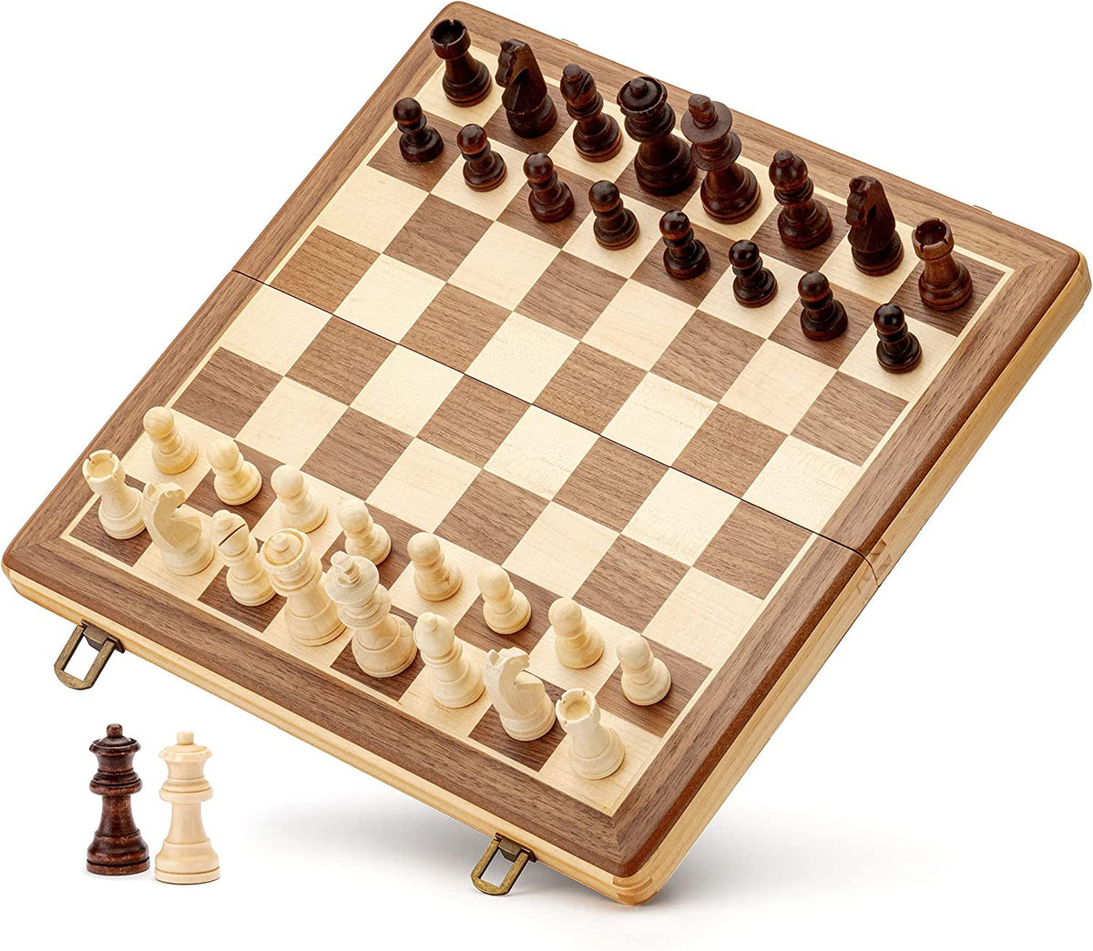 15" Magnetic Wooden Chess Set/Folding Board / 3" King Height German Knight Staunton Chess Pieces/Walnut & Maple Inlaid /2 Extra Queen/Board Games Chess Sets for Adults and Kids